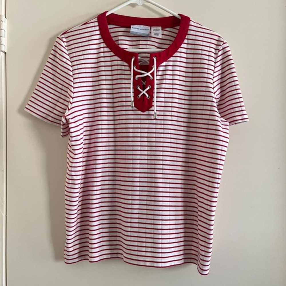Alfred Dunner Red White Striped Lace Up Henley Top Petite‎ Large Nautical Preppy